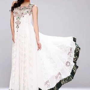 Square neck anarkali dress in white color, embellished long anarkali shirt with pre-stitched churidar pajama and dupatta