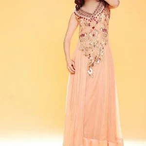 Beautiful party wear long dress, embellished v neck flared long shirt with straight trouser and veils in peach-orange color