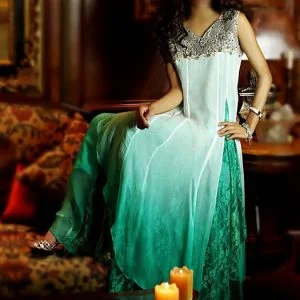 Double layer party dress in white and aquamarine color, pointed u neck, dip dyed long shirt, net under layer with straight trousers and veils
