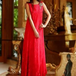 Pakistani party dress in deep carmine pink color, boat neck slight flared long shirt with straight pants and veils