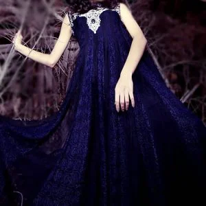 Anarkali suit in navy blue color, collar neck embellished long anarkali shirt with straight pants and dupatta