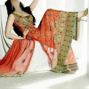 Deep carrot orange anarkali dress, embellished v neck anarkali shirt with sharara and dupatta