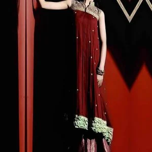 Stand collar party outfit for bridesmaid by mehdi in sangria color, embellished bodice, embellished hem long shirt with embellished sharara and dupatta
