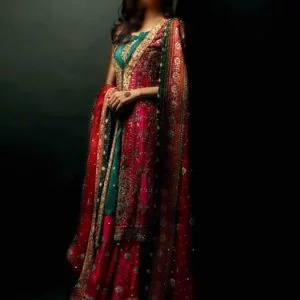 Zainab chottani bridal gown dress, round neck embellished knee length bridal gown, charmeuse silk under top comes with bridal lehenga and bridal dupatta