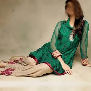 Designer party dress for women in emerald color, cowl neck embroidered full sleeves high-low hem shirt with embroidered flared trouser and dupatta