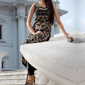 Embroidered threads and motifs party dress for women comes with straight long shirt, pre-stitched churidar pajama and dupatta in flax color