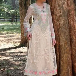 Full sleeves party suit for women in navajo white color, v neck embroidered a-line long shirt with pre-stitched churidar pajama and dupatta