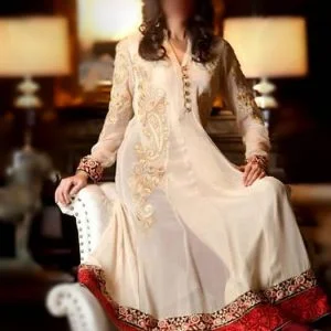 Chinese collar anarkali dress in cream color, embroidered full sleeves long anarkali shirt with churidar pajama and dupatta