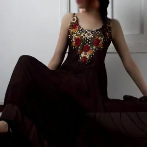 Round neck anarkali suit in seal brown color, embroidered flared long anarkali shirt with trousers and dupatta