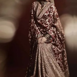 Maroon wedding lehenga dress, round neck, heavy embellished bridal shirt with bridal lehenga and bridal dupatta