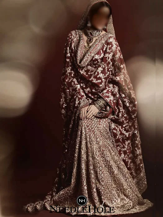 Maroon wedding lehenga dress, round neck, heavy embellished bridal shirt with bridal lehenga and bridal dupatta