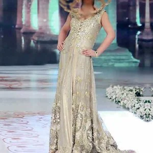 Tabassum mughal evening gown dress, v neck embellished gown have brush train with sharara and veils