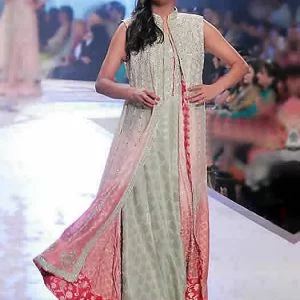 Sana abbas special occasion gown dress, stand collar neck, embellished long over top and under top with straight pants and dupatta