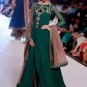 Boat neck special occasion dress in dartmouth green color, fitted full sleeves, embellished front slit long gown with straight pants and dupatta
