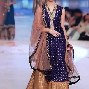Duke blue engagement dress, stand collar, embellished straight shirt with plain flared lehenga and veils