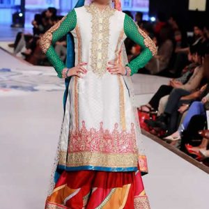 Sangria & white wedding sharara dress for brides by nomi ansari, stand collar neck embellished bridal shirt with embellished bridal sharara and embellished bridal dupatta