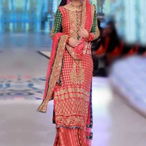Gorgeous sharara dress for wedding deep carmine color by nomi ansari, full sleeves, round neck heavy embellished bridal shirt with bridal sharara and bridal veils