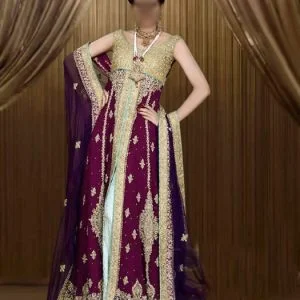 Stunning mehdi bridal gown dress for bride. Heavy embellishments on bodice round neck long bridal gown comes with embellished bridal lehenga and bridal dupatta