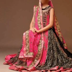 French rose wedding lehenga dress featured flared long bridal gown shirt with embellished round neck and dupatta scarf