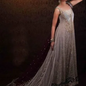 Elan wedding gown dress for bride in eggshell color. U-neck fully embellished floor length bridal gowns comes with jamawar bridal sharara and embellished dupatta