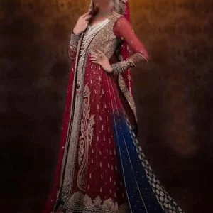 Classic bridal gown dress for bride by elan. Embellished full sleeves sweet-heart neck long embellished asymmetrical hem maroon wedding gown and fully embellished eggshell under top