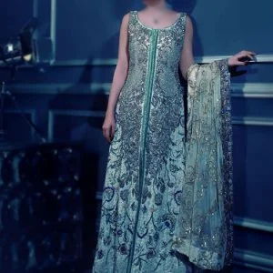 Pakistani wedding gown sharara dress for bride in sky blue color. Round neck front open embellished floor length bridal bridal gown comes with emebllished bridal sharara and dupatta
