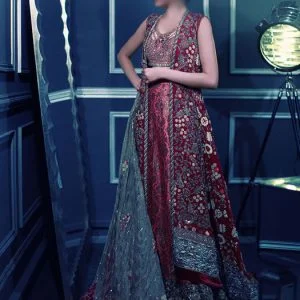 Stylish v-neck bridal gown dress in maroon colour. Fully embellished long wedding gown comes with short embellished under top, embellished bridal lehenga and bridal dupatta