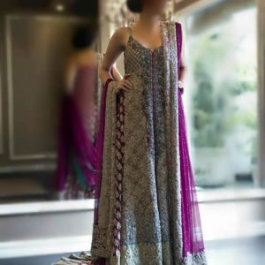 Glamourous purple wedding dress for brides, sweet-heart neck flared embellished court train bridal shirt comes with bridal sharara and brial dupatta