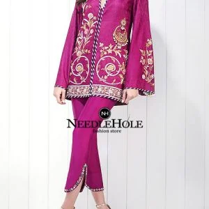 Pakistani Party Dress Long Sleeves Cocktail Outfit V Neck Comes With Embroidered Shirt, Trouser & Dupatta In Magenta Color