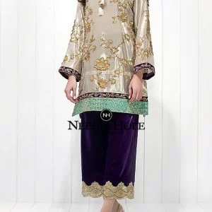 Pakistani Party Dress For Women Full Sleeves Traditional Party Outfit Key-Hole Neck Comes With Blond Gold Embellished Shirt Purple Trouser & Purple Dupatta