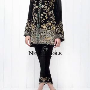 Designer Party Dress For Women Full Sleeves V-Neck Open Front Style Outfit Comes With Embellished Shirt Trouser & Dupatta In Black Color