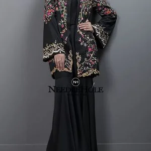 Designer Party Dress For Women Bell Sleeves Open Front Round Neck Gharara Suit Comes With Embroidered Shirt Gharara & Dupatta In Black Color