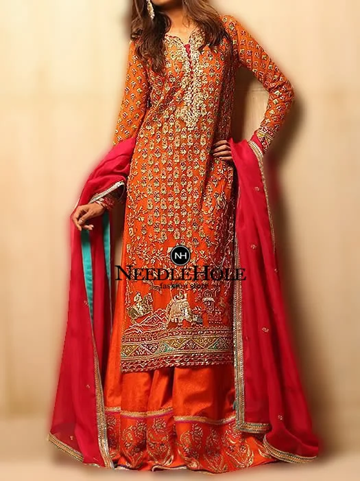 Pakistani Designer Mehendi Suit For Women Orange Red Round Neck Mehendi Dress Features Full Sleeves Long Embroidered Shirt Dhaka Pajama Style Sharara and Dupatta