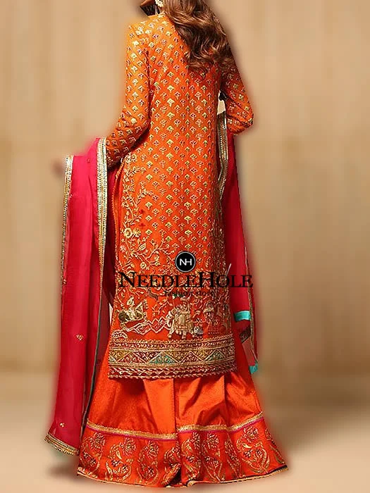 Pakistani Designer Mehendi Suit For Women Orange Red Round Neck Mehendi Dress Features Full Sleeves Long Embroidered Shirt Dhaka Pajama Style Sharara and Dupatta - Image 2