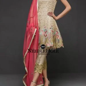 Pakistani Designer Party Outfit Blond Gold Small Pointed Neck Formal Suit Features Sleeveless Embroidered Shirt With Cropped Trousers & Dupatta