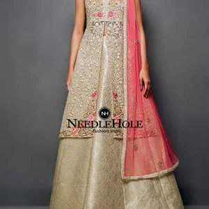Pakistani Designer Engagement Suit Champagne Pointed Neck Sleeveless Embroidered Front Slit Shirt Comes With Champagne Self Jamawar Lehenga & Coral Pink Dupatta