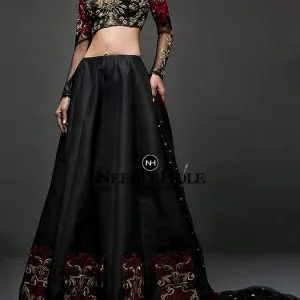 Pakistani Designer Formal Lehenga Suit In Black Scalloped Neck Sheer Embroidered Sleeves Short Length Top Comes With Lehenga & Dupatta