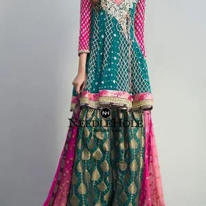 Pakistani Designer Mehendi Angrakha Gharara Suit In Persian Green Color