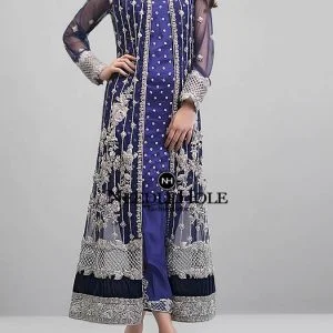 Long Sleeves Front Open Gown Style Navy Blue Party Wear Long Dress With Chinese Collar For Women