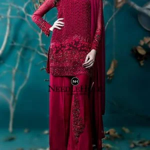 Long Fitted Sleeves Deep Pink Formal Dress With Baggy Trousers With Scalloped Collar V Neck For Women