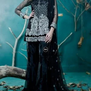 Sheer Fitted Sleeves Black Cocktail Dress For Women, Chinese Collar V Neckline Short Length Shirt With Box Pleated Trousers & Dupatta