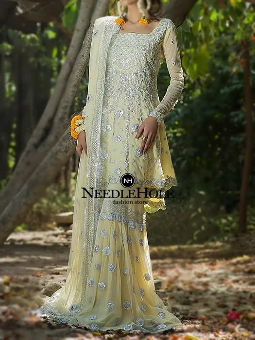 Blond Yellow Mayon Gharara Dress With Fitted Sleeves Embellished Shirt and Dupatta - Image 2