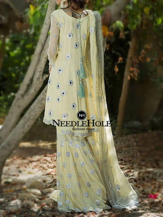 Blond Yellow Mayon Gharara Dress With Fitted Sleeves Embellished Shirt and Dupatta