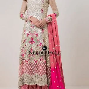 Beige and pink semi formal wear sharara dresses, long embroidered shirt with fitted sleeves and scalloped v neckline