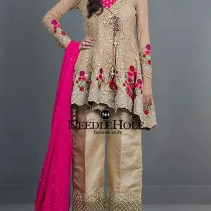 Beautiful party wear Pakistani angrakha dress with loose trouser in beige color and deep pink dupatta