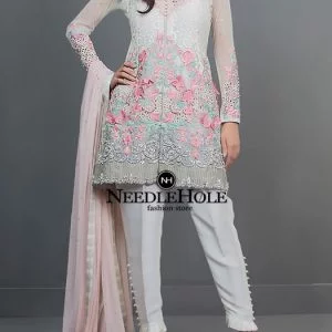 Pakistani party wear outfit, full sleeves front open embroidered shirt with V neckline