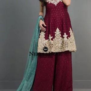 Custom maroon cocktail dress, scalloped V neckline short length flared shirt with baggy style trousers and light sea green dupatta