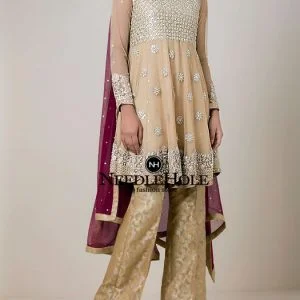 Custom made Pakistani party dress in gold color, heavy embellished bodice medium length shirt with straight trousers and dupatta