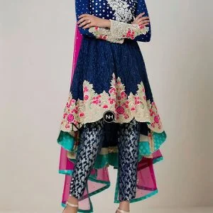 Custom made navy blue semi formal anarkali dress for woman, embellished neckline high low hem anarkali shirt with straight trouser and dupatta