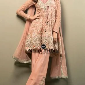 Light coral pink custom Pakistani angrakha dress for women, fully embellished short length flared angrakha with flared trousers and dupatta